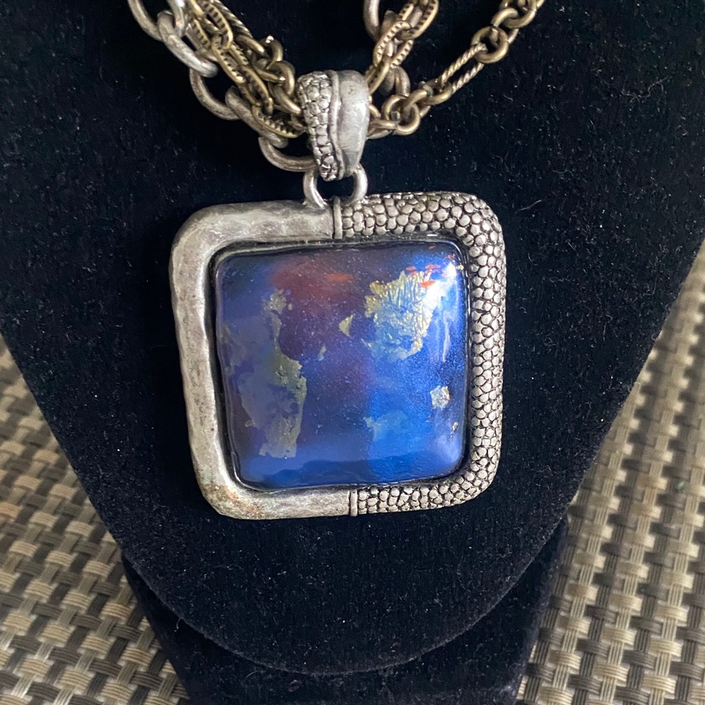 Chico's Multi-Tone Blue Square Pendant Necklace with Antique Silver Chains - Picture 3 of 6